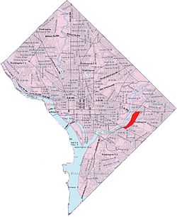 Map of Washington, D.C., with the Greenway neighborhood highlighted in red