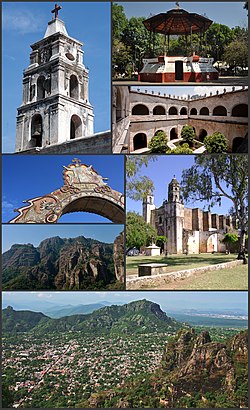 From top to bottom from left to right: Church of San Miguel de Arcangel, Municipal Kiosk, Former Convent of Tepoztlán, Arch in the church of Tepoztlán, Hills around Tepoztlán, Temple and Old Convent of the Nativity, Panoramic view of Tepoztlán.