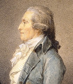 Dessin d'un homme de profil regardant vers la gauche, aux cheveux gris, portant une écharpe et une chemise blanches et une veste bleue claire