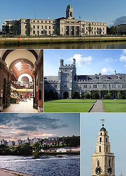 Van bo, links na regs: Die stadsaal van Cork, die Engelse Mark, die Universiteitskollege van Cork, die Leerivier, die Sint-Anna-kerk