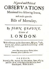 Página de rosto da primeira edição das ' Observações sobre as contas de mortalidade de Graunt (1662)