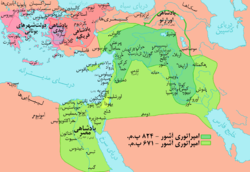 نقشه امپراتوری آشور نو تحت شلمنسر سوم (سبز تیره) و اسرحدون (سبز روشن)
