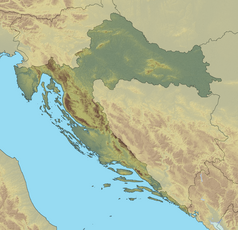 Mapa konturowa Chorwacji, blisko centrum na lewo znajduje się punkt z opisem „źródło”, natomiast u góry nieco na lewo znajduje się punkt z opisem „ujście”