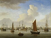 Gezicht op het IJ en Amsterdam. Schilderij van Jan ten Compe (1713-1761); 1752.