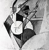 Albert Gleizes, 1915, Composition, For "Jazz", Pour "Jazz", oil on board, 73 x 73 cm. In a photograph first published in the Xeic York Herald, later reprinted in The Literary Digest, 27 October 1915, Gleizes can be seen at work on this painting