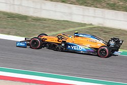 Lando Norris driving the MCL35 during the 2020 Tuscan Grand Prix.