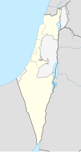 Mapa konturowa Izraela, blisko centrum u góry znajduje się punkt z opisem „Elad”