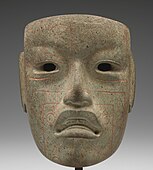 Mask with cinnabar "tattoos"; c. 900-300 BCE; jadeite with cinnabar; Minneapolis Institute of Art (Minneapolis, US)