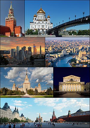 Dari kiri ke kanan, atas ke bawah: Menara Spasskaya, Katedral Kristus Sang Juru Selamat, MIBC, Sungai Moskva, Universitas Negeri Moskow, Teater Bolshoi, Lapangan Merah