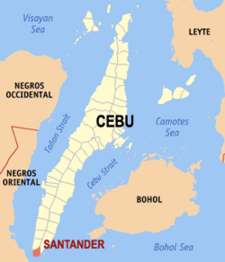 Mapa ng Cebu na nagpapakita sa lokasyon ng Santander.