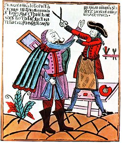 Karikatur uf s Verbot vum Bartdrage, Holzschnitt fir e Flugblatt