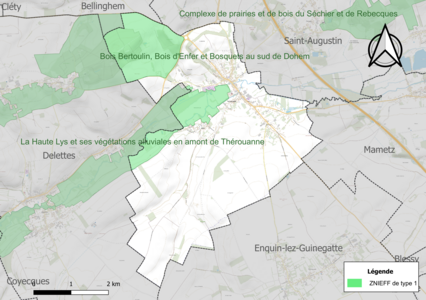 Carte des ZNIEFF de type 1 sur la commune.