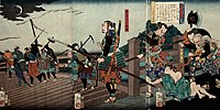 月岡芳年 『美談武者八景、矢矧の落雁』。矢矧橋における蜂須賀小六（描画上は蓮葉兒六将勝）と日吉丸（少年期の豊臣秀吉）の出会いを描いた大判浮世絵武者絵。明治元年（1868年）刊