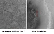 Kepler (Martian crater) showing dust devil tracks, as seen by Mars Global Surveyor. Kepler is a large crater in the Eridania quadrangle.