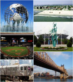 Clockwise frae top-left: Unisphere, Rockaway Park beach, US Open's Billie Jean King National Tennis Center, Queensboro Bridge, Queens-bund 7 train, New York Mets—Citi Field.