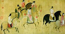 Barevná malba, na žlutozeleném pozadí skupina mužů a žen na koních jede zleva doprava