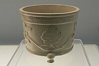 White glazed censer with applied interlaced lotus flowers, Ming