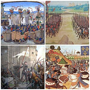 Med uret øverst fra venstre: Slaget ved La Rochelle, Slaget ved Agincourt, Slaget ved Patay, Jeanne d'Arc ved belejringen af Orléans