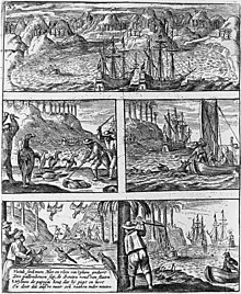 نقش يعرض مشاهد من قتل الحيوانات من قبل الهولنديين في موريشيوس، بما فيها الدودو