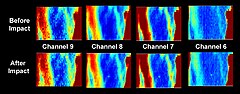Preliminary, uncalibrated LRO/Diviner thermal maps of the Centaur/LCROSS impact site acquired two hours before the impact, and 90 seconds after the impact. The thermal signature of the impact was clearly detected in all four Diviner thermal mapping channels.