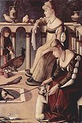 «To ventianske damer» eller «Kurtisanene» av den italienske renessansekunstneren Vittore Carpaccio viser to kvinner fra Venezia omkring 1490 med kostbare klær, deriblant to styltesko i venstre side. Hvitt lommetørkle, perlekjede og hvite duer er symboler for kyskhet.