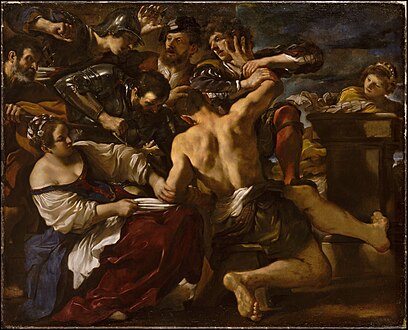 Samson Seized by the Philistines, 1619 This work depicts the biblical scene where Samson is betrayed by his lover Delilah. Samson is at the center, though his face cannot be seen, and surrounding him are the Philistines who have come to blind him after cutting off his hair, his source of strength.