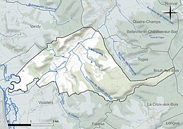 Carte en couleur présentant le réseau hydrographique de la commune