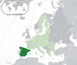 西班牙的位置（深綠色） – 歐洲（綠色及深灰色） – 歐洲聯盟（綠色）  —  [圖例放大]