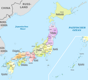 Regionen in der verbreiteten, traditionellen Acht-Regionen-Gliederung und Präfekturen Japans