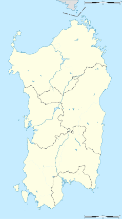 Mapa konturowa Sardynii, na dole znajduje się punkt z opisem „Sanluri”