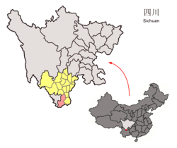 Location of Huili County (pink) and Liangshan Prefecture (yellow) within Sichuan