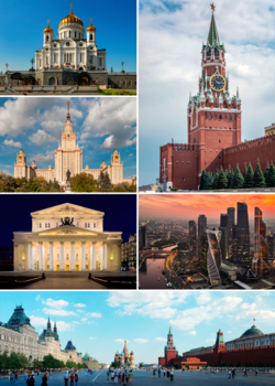 Theo chiều kim đồng hồ, từ trên cùng bên phải: Tháp Spasskaya của Điện Kremlin; Trung tâm kinh doanh quốc tế Moskva; Quảng trường đỏ, Nhà thờ chính tòa Thánh Vasily; Nhà hát Bolshoi; Đại học Quốc gia Moskva; và Nhà thờ chính tòa chúa Kitô Đấng Cứu Độ.
