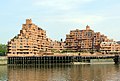 Red brick flats in London, England, by the Thames