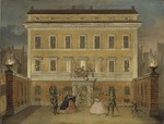 Tessinska palatsets fasad mott Slottsbacken samt förgårdens murar. Målningen heter Syskonbarnen Sparre utklädda till markattor tar emot julklappar framför Tessinska palatset i Stockholm. Utförd av Johan Pasch år 1739.