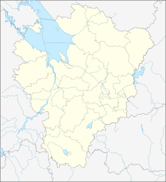 Mapa konturowa obwodu jarosławskiego, blisko centrum u góry znajduje się punkt z opisem „Rybińsk”