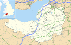 Mapa konturowa Somersetu, po prawej znajduje się punkt z opisem „Katedra w Wells”