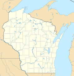 Mapa konturowa Wisconsin, na dole nieco na prawo znajduje się punkt z opisem „Waukesha”