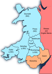 Carte montrant les divisions du pays de Galles et la conquête du Gwynedd par Hywel Dda