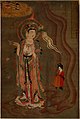 Bodhisattva montrant la voie, couleurs sur soie, 80,5 × 53,8 cm. Trouvé à Dunhuang (grotte 17). Le bodhisattva montre le chemin à une femme qui tient un brûle parfum dans sa droite et dans sa gauche une fleur de lotus. British Museum.