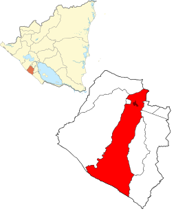 Kommunen Jinotepe i departementet Carazo, Nicaragua. Staden är det mörkröda fältet i den norra delen av kommunen.