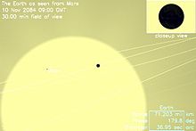 Ilustracja. Okrągła, żółta tarcza Słońca, na niej dwie małe czarne kropki.