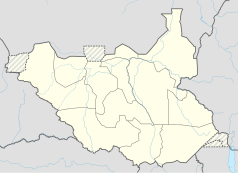 Mapa konturowa Sudanu Południowego, u góry nieco na prawo znajduje się punkt z opisem „Kodok”