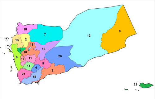 Sebuah peta Yaman yang dapat diklik menunjukkan 21 kegubernurannya.