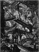 Forerunner of Escher's fantastic endless stairs: Piranesi's Carceri Plate VII – The Drawbridge, 1745, reworked 1761