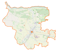 Mapa konturowa powiatu sochaczewskiego, na dole nieco na prawo znajduje się punkt z opisem „Skotniki”