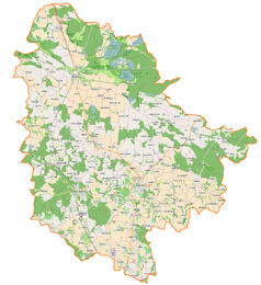 Mapa konturowa powiatu trzebnickiego, po lewej nieco u góry znajduje się punkt z opisem „Morzęcino”