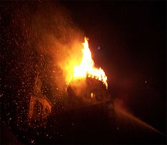 The north tower of the St. Johannis church on fire in Germany, Göttingen