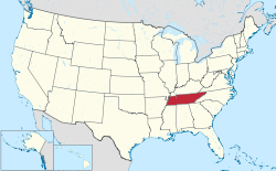 Yhdysvaltain kartta, jossa Tennessee korostettuna