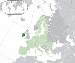 Location o  Ireland  (daurk green) – on the European continent  (green & daurk grey) – in the European Union  (green)