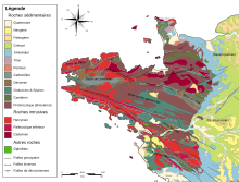 Carte géologique du nord-ouest de la France. Le Poitou est situé en bas de carte.